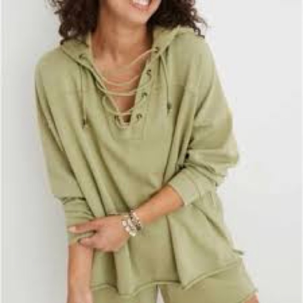 aerie Olive Green Lace-Up Hoodie Sweater